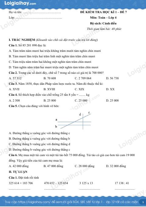 Đề kiểm tra học kì 1 Toán 4 Cánh diều - Đề số 7